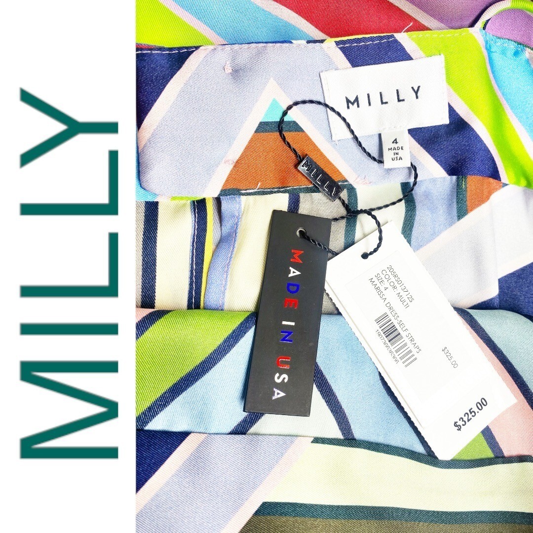 NWT MILLY Marissa Dress Colorful Rainbow Chevron Striped Knee Length Strappy Shi