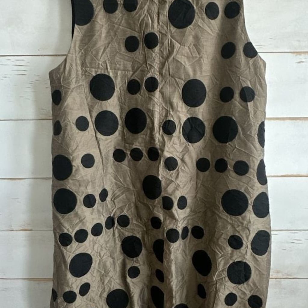 Samuel Dong sleeveless bubble hem midi dress in tan and black polka dot