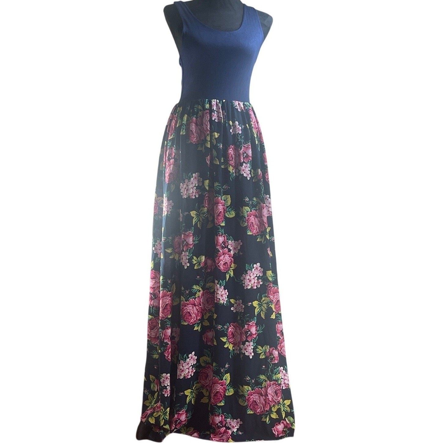 Navy Blue Floral Maxi Dress Sleeveless Casual Spring Summer Sun Dress romantic