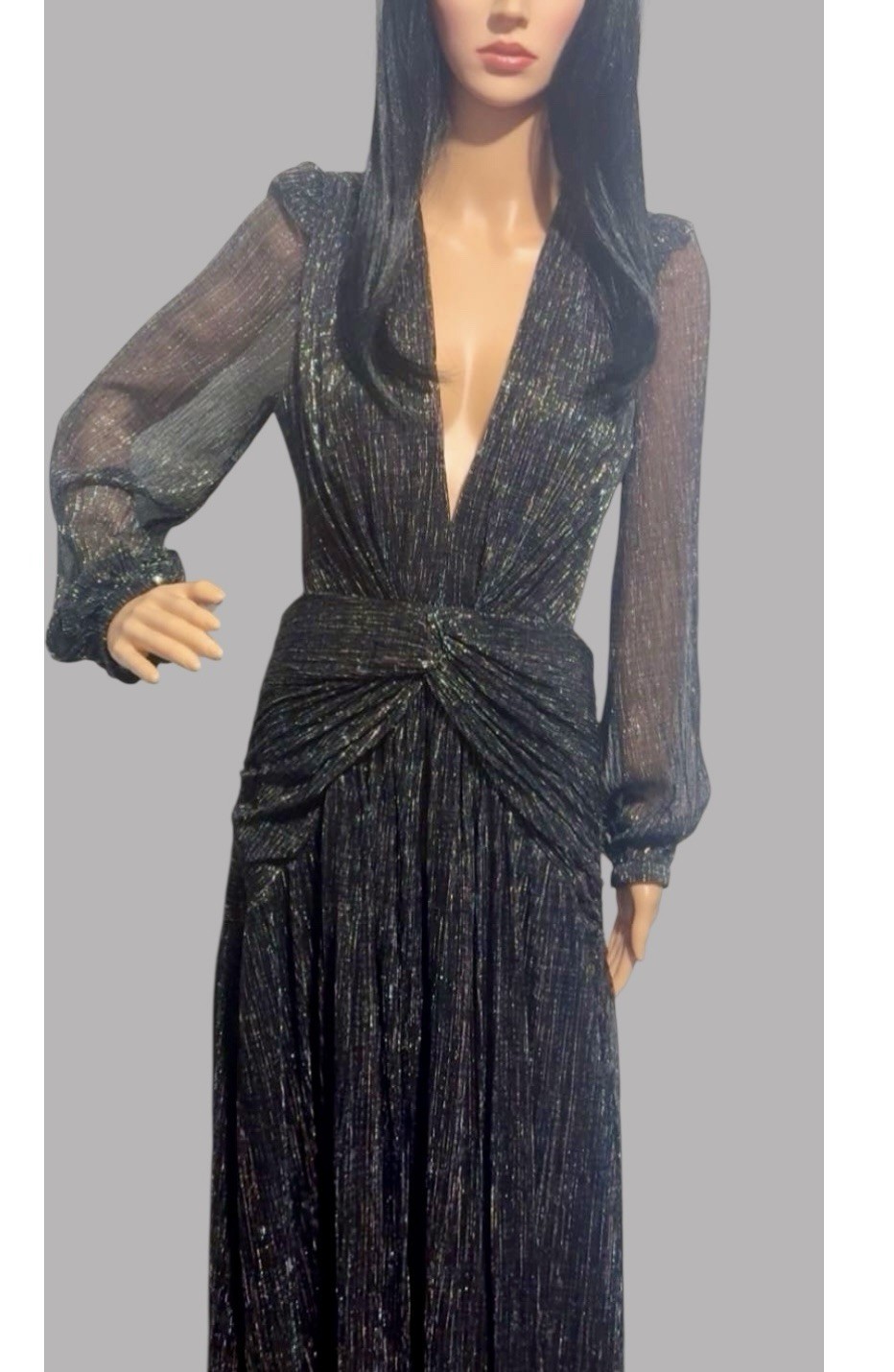 Black Metallic Chiffon Maxi Gown V-Neck Long Balloon Sleeve Sheer Cut Out