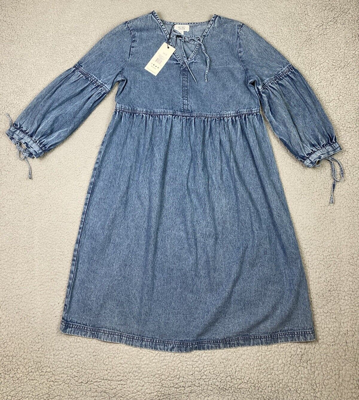 Myra Bag Dress Womens MED Blue Denim Fit Flare Hi Waist Boho Hippie Peasant NWT