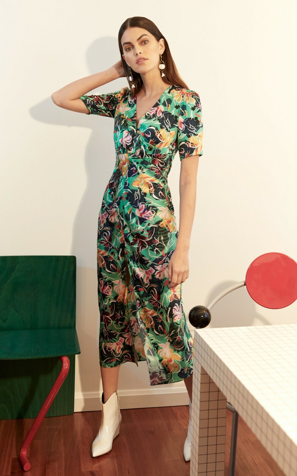 SALONI Green Floral Botanical Print EDEN Satin Silk Hi-Slit Midi Dress 10US 14UK