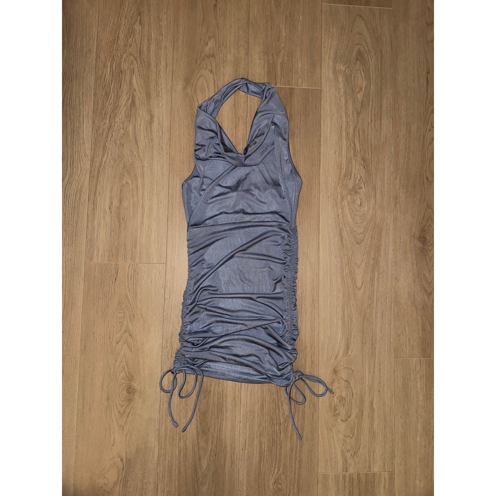 Forever 21 Metallic Blue Ruched Halter Mini Dress Cowl Neck Bodycon Small
