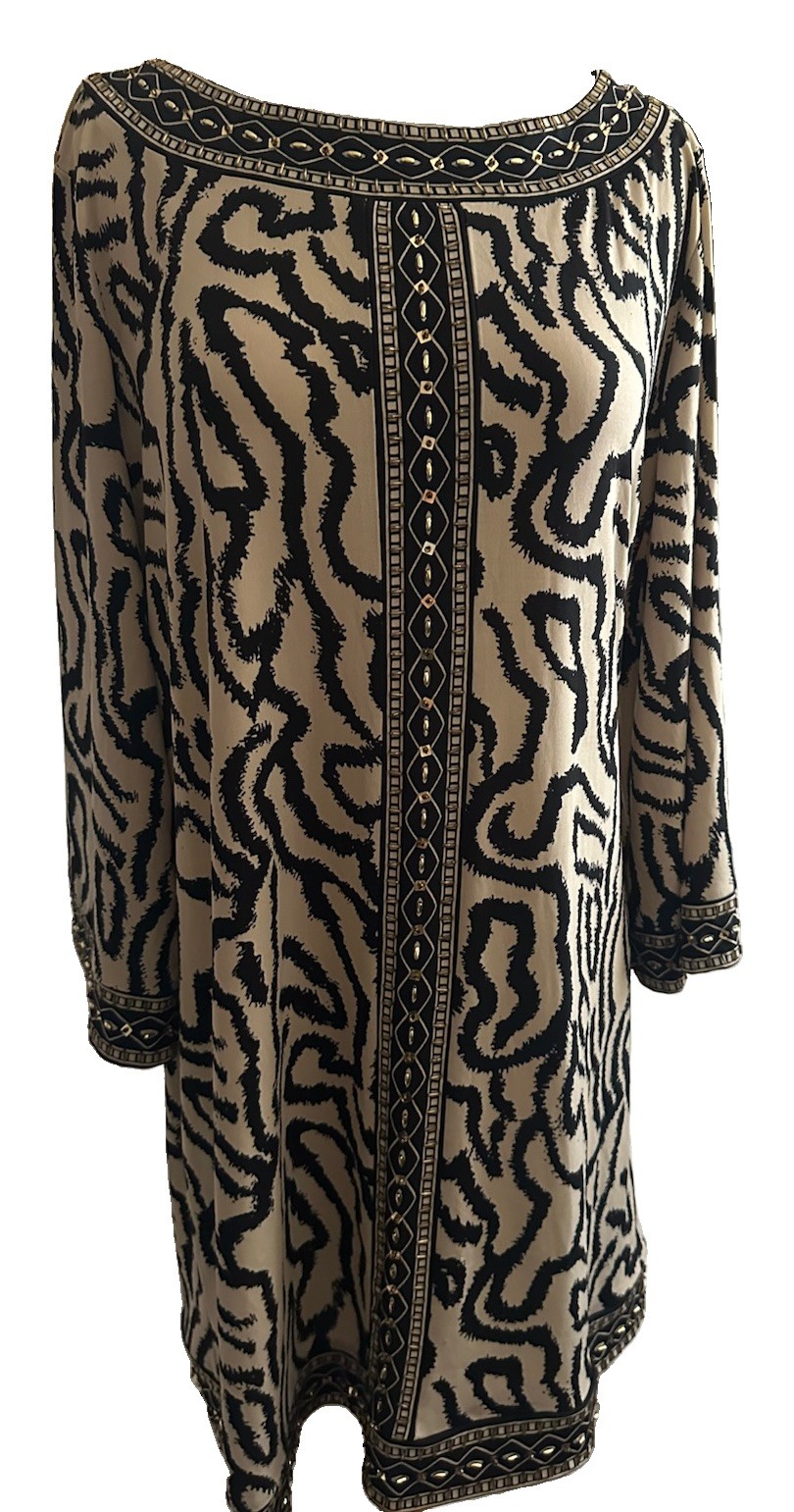 Alfani Animal Print Dress – L – Polyester/Spandex, Wide Sleeves, Bling!