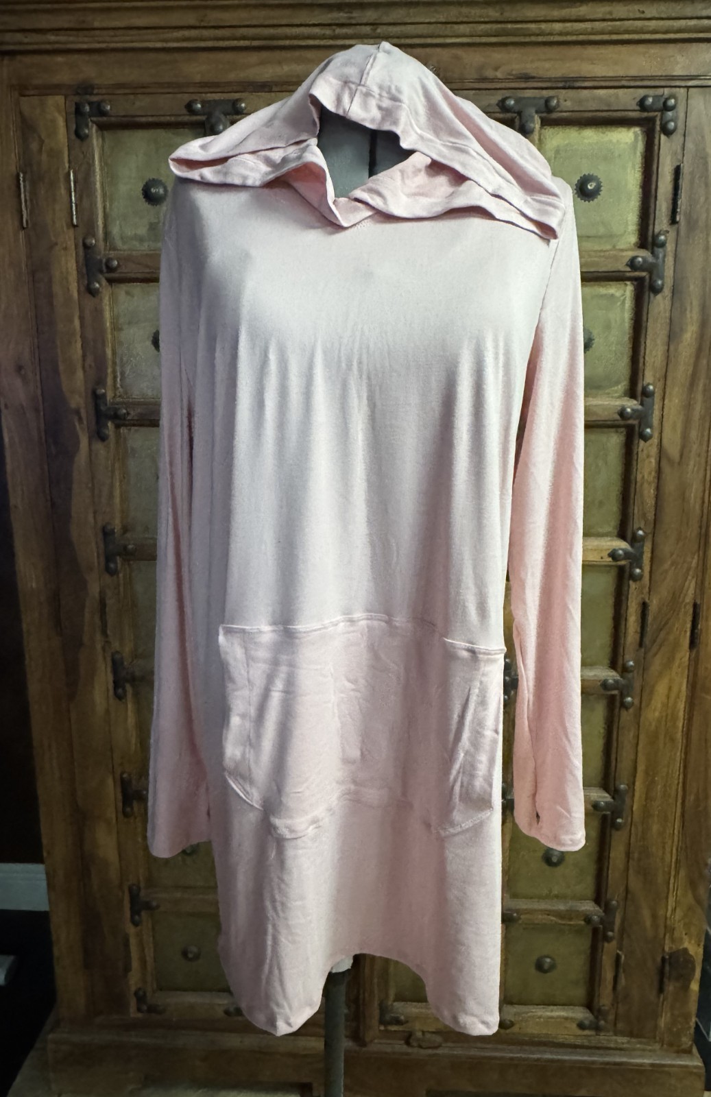 Pink Hooded Long Sleeve Tunic Dress with Kangaroo Pocket – Soft Lightweight, NEW