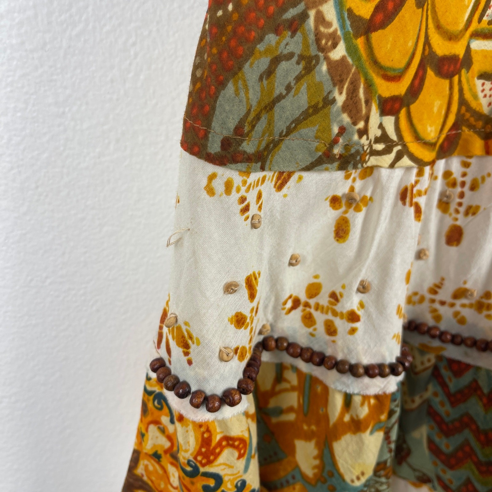 Alberto Makali Halter Cotton Brown Yellow Printed Beaded Boho Dress Women’s 8