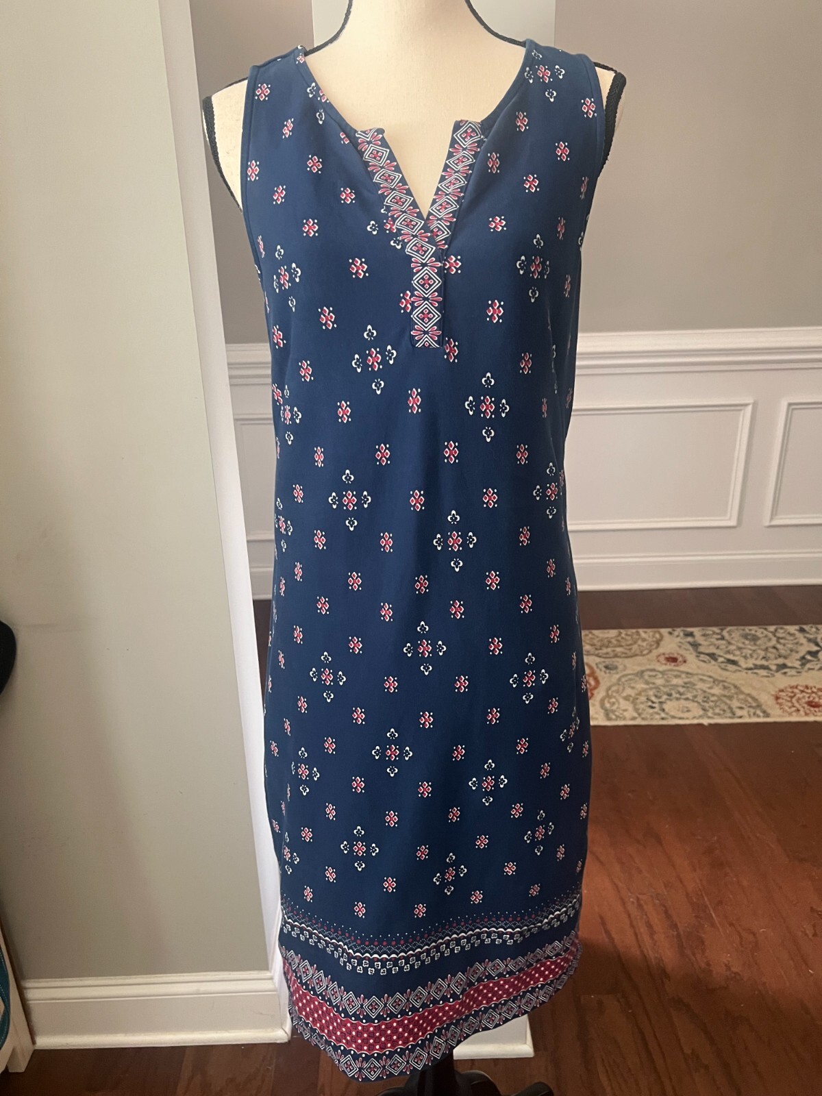Talbots Womens Sz MEDIUM Navy Blue Red White Border Print Sheath Dress Cotton