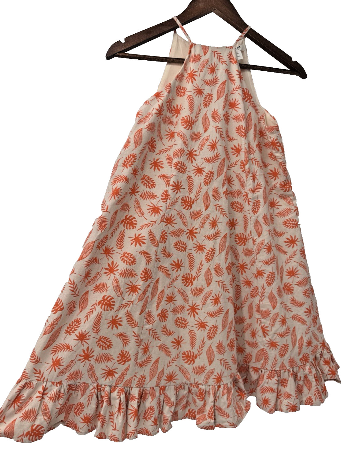 Glamorous Boho Dress Orange Sleeveless vacation resort beach ruffle leaf print