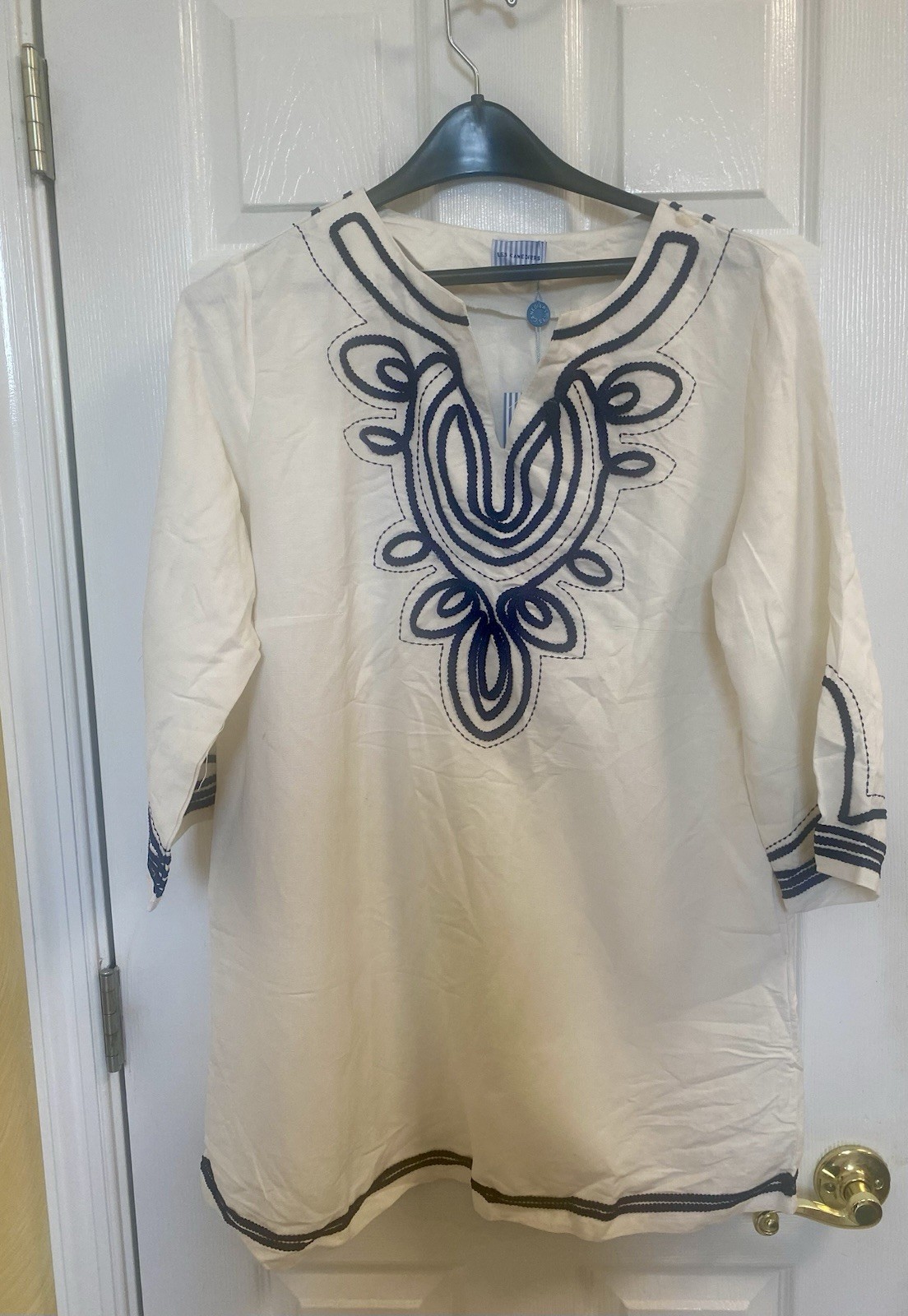 NWT Woman’s Tahiti Tunic Dress L Navy Blue Soutache Embroidery Linen Base 32 In