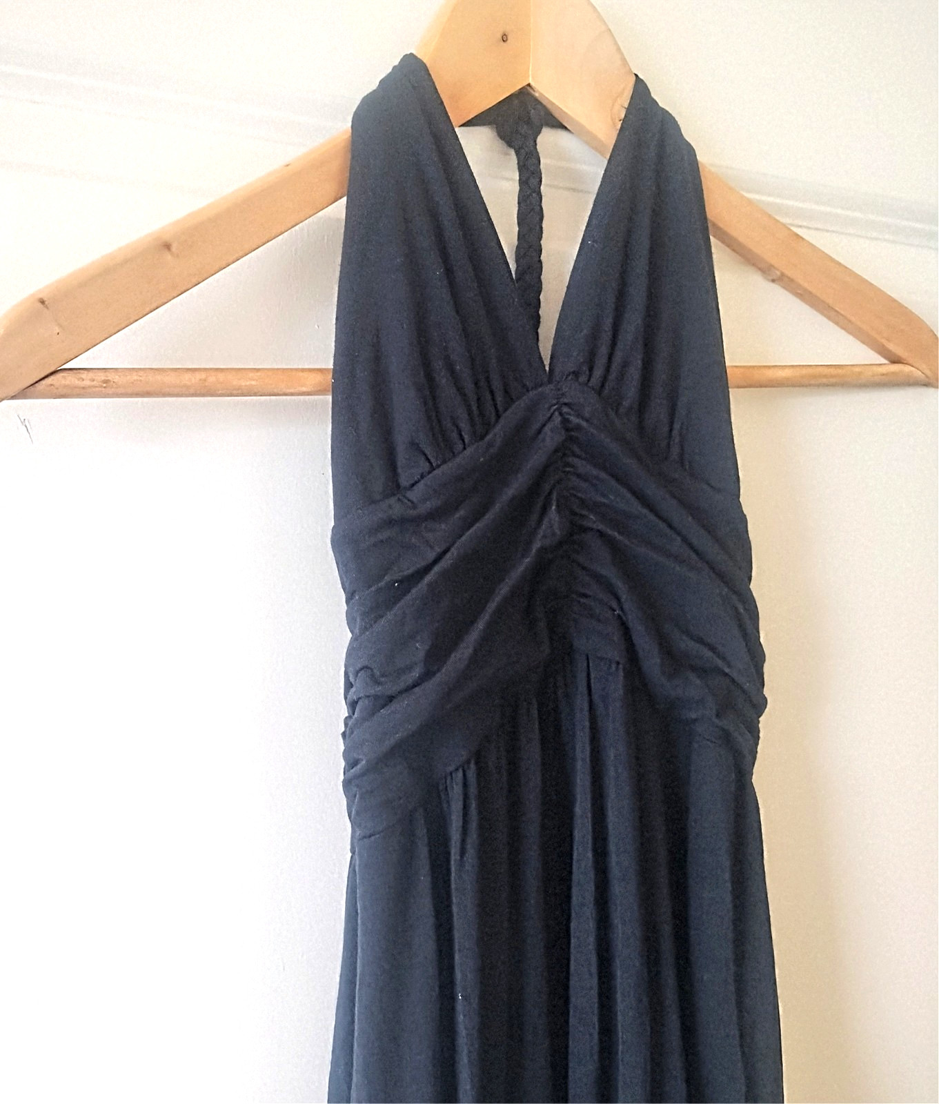 ELLA MOSS Black Ruched Halter MAXI Dress ROPE Detail SIZE S Stunning NWOT