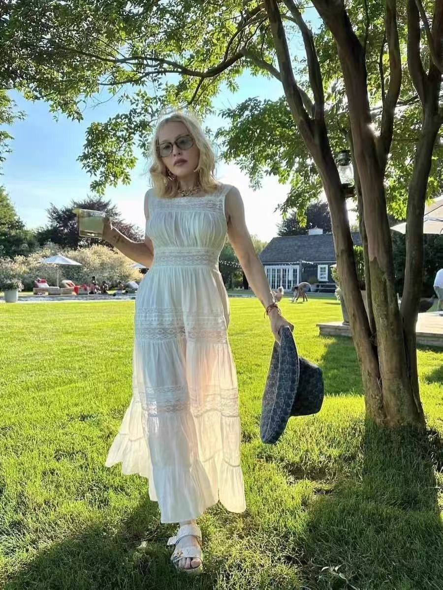 DOEN Spring/Summer Square Collar Lace Splicing Waist Sleeveless Dress