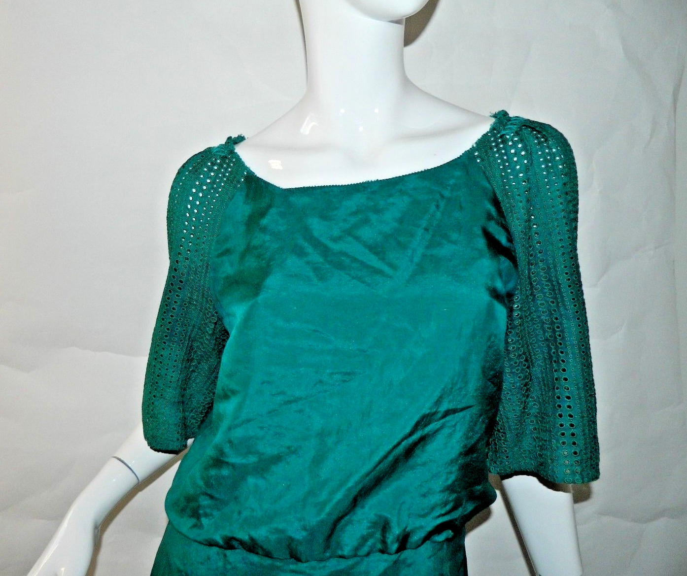 Phillip Lim 3.1 Dress Size 4 Green Silk Perforated Sleeves Scoop Neck Shift