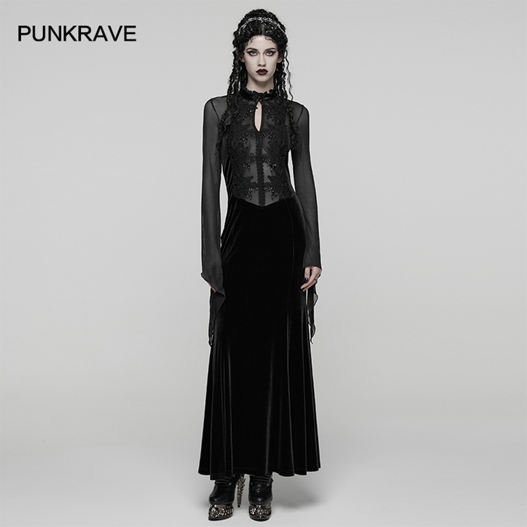 Punk Rave Women Gothic Elastic Velvet & Mesh Lace Long Dress Loose Hem Dresses