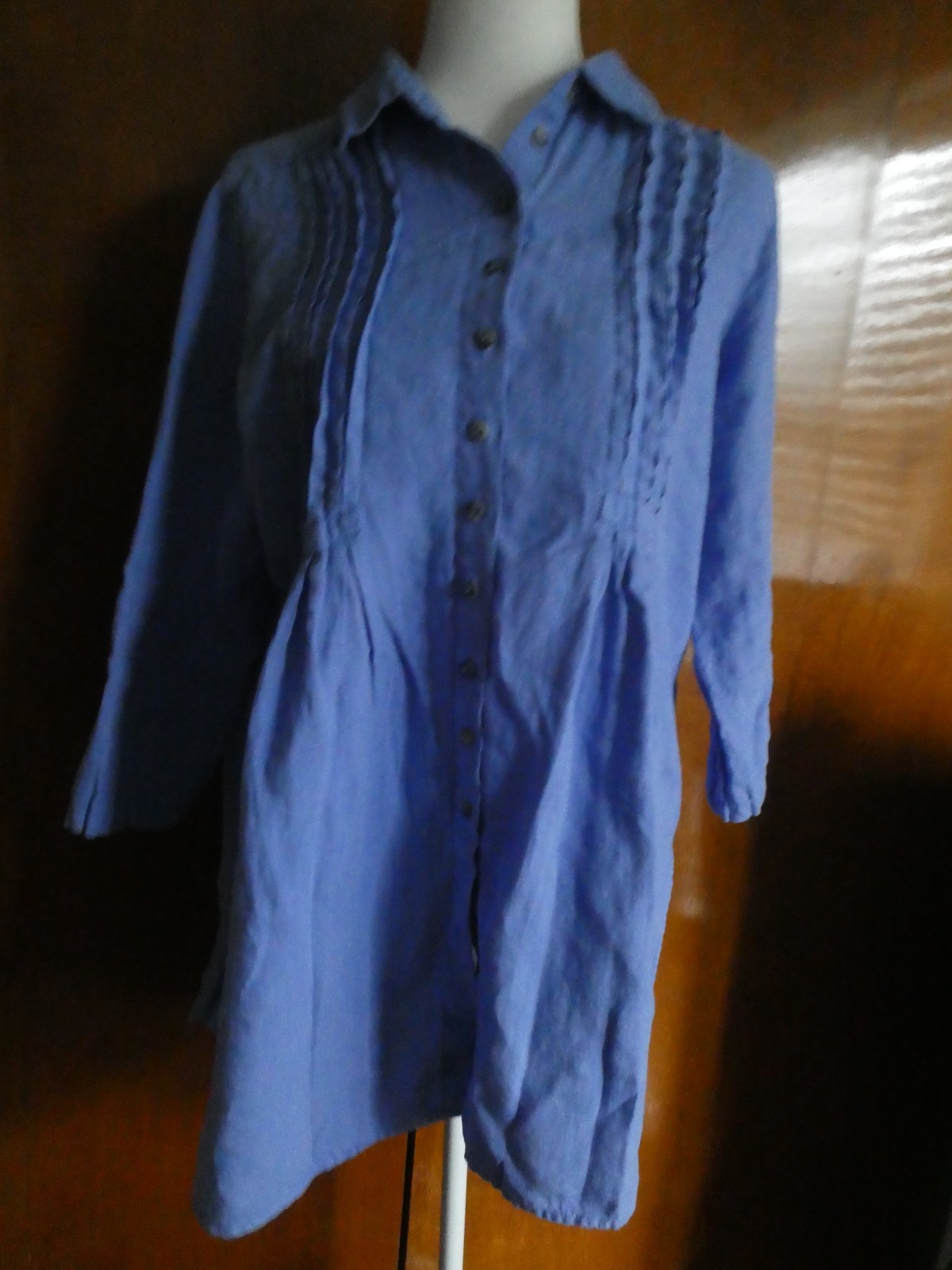 CLICK 100% Linen Tunic Top dusty blue Asymmetrical Hem Pleated Button Front Sz L