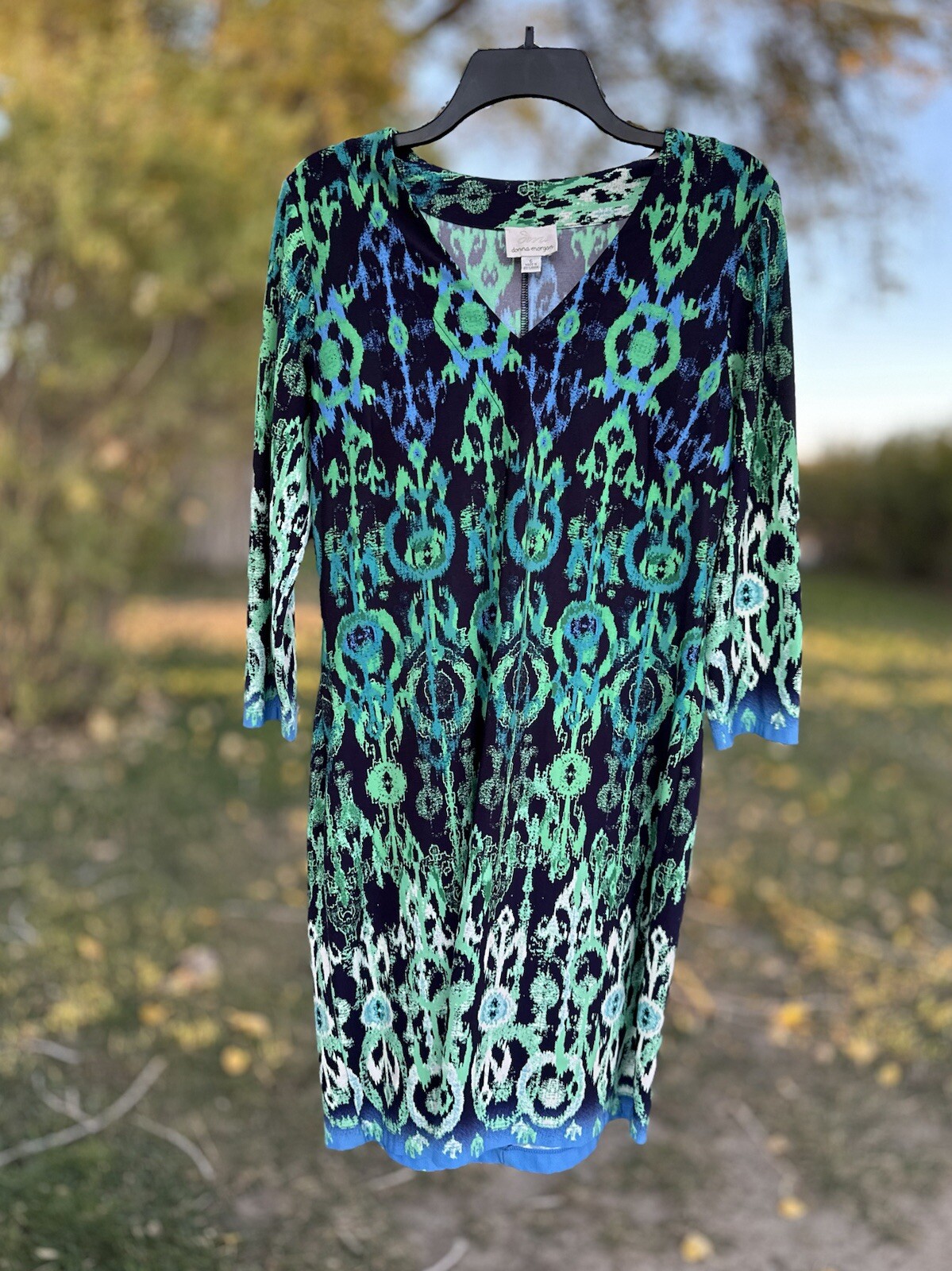 Donna Morgan Shift Pencil Dress Womens 6 Stretch Multicolor V-Neck 3/4 Sleeves