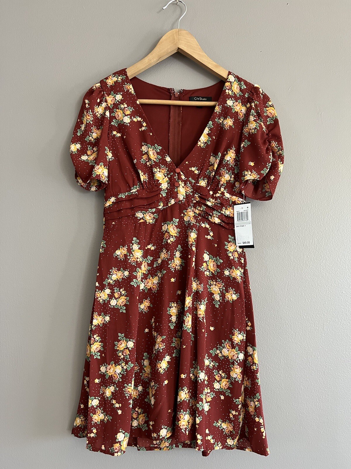 City Studio Women Floral Dress Rust Gold Ruffle Sleeve Mini Dress Sz 0 Festival