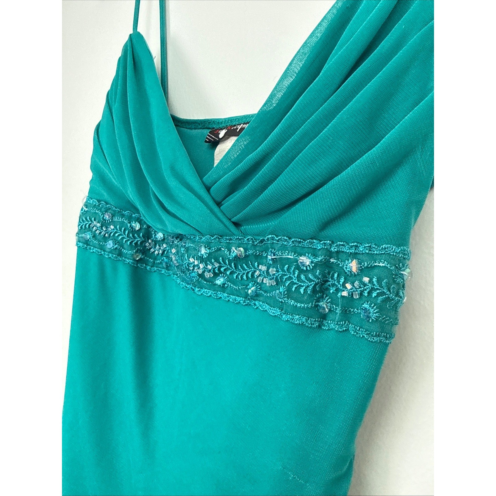 Jodi Kristopher Teal Sequin Beaded Ruffle babydoll Cocktail Dress Womens size M
