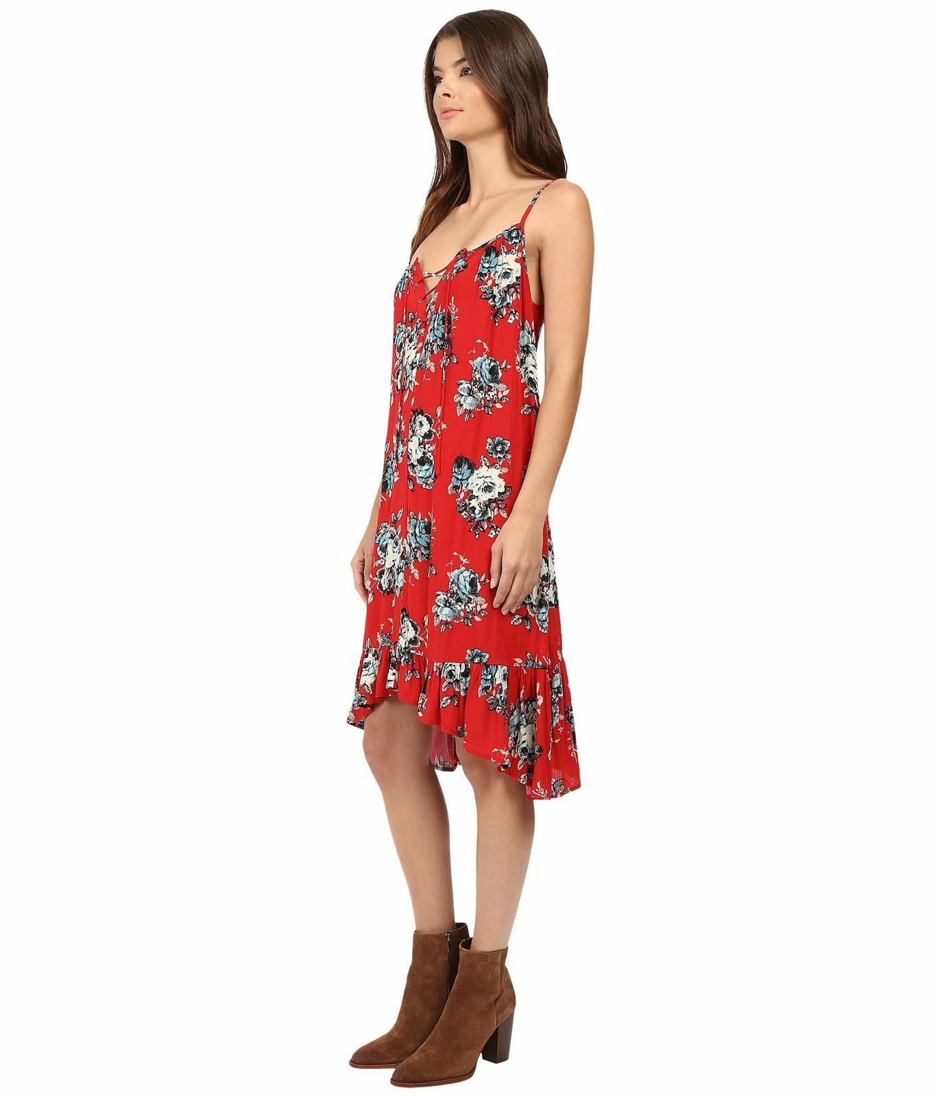 New $110 Brigitte Bailey Women’s Red Floral Ruffled V-Neck Shift Dress Size S