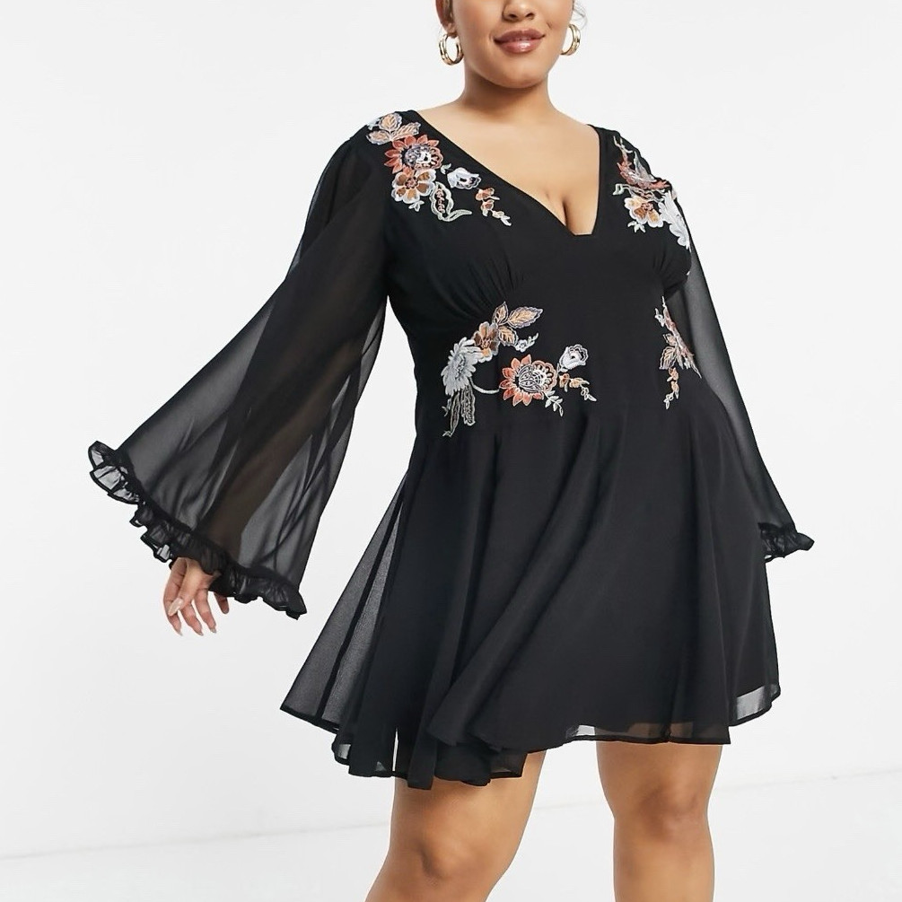 ASOS DESIGN Black Floral Embroidered Chiffon V-Neck Sheer Short Dress US 20
