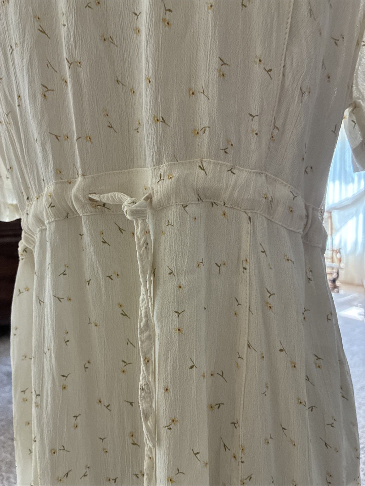 Sacred Threads Maxi Dress Boho Cottage 70s Hippie White Tiny Yellow Daisies