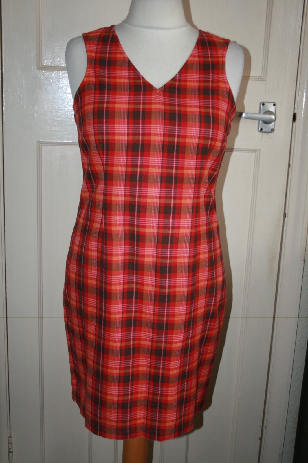 SIZE 14 RED & ORANGE CHECK COTTON SLEEVELESS DRESS