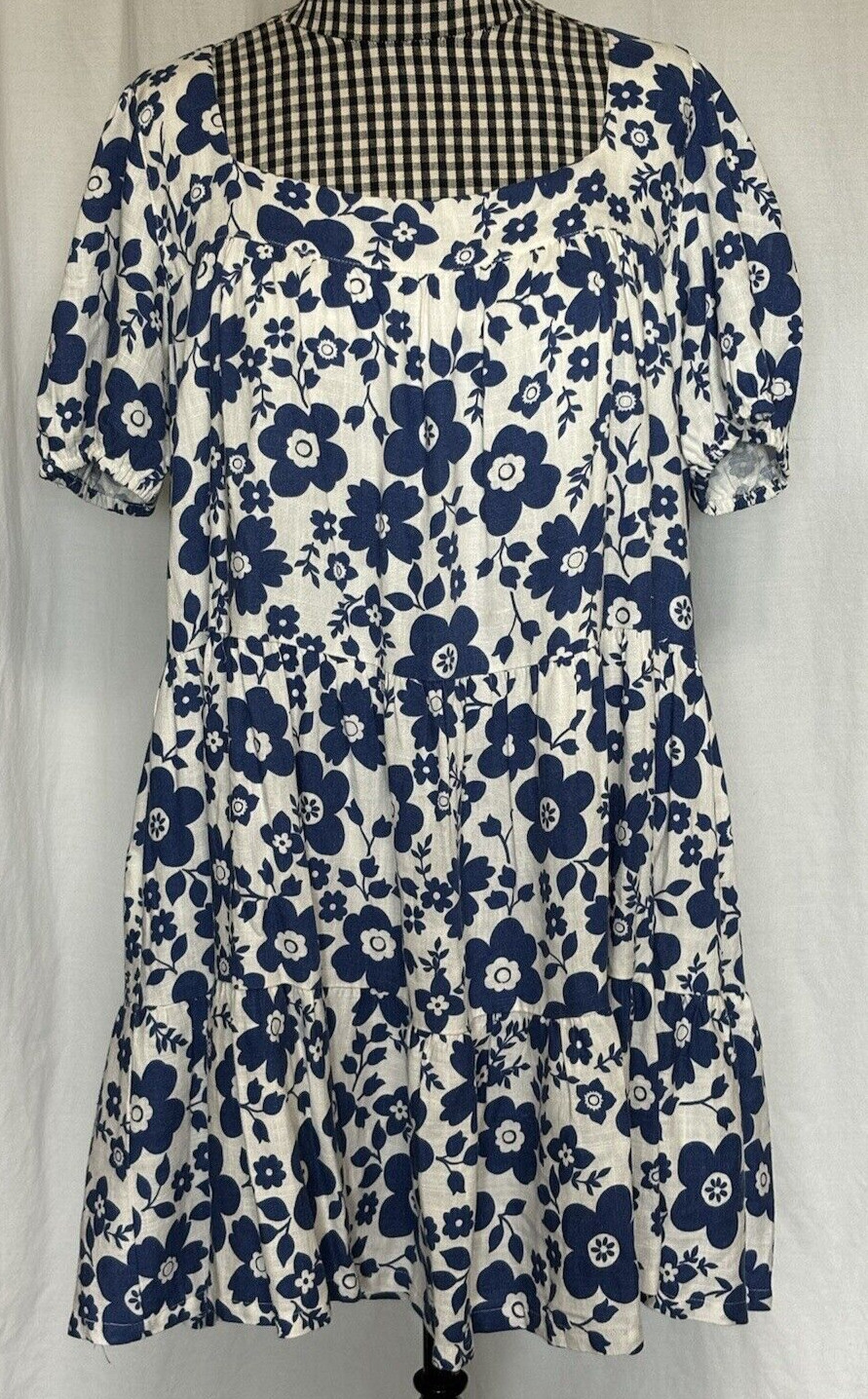 Lost + Wander Womens Floral Print Baby doll Dress Blue White Linen Blend Size M