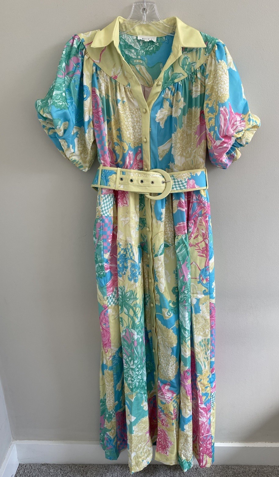 Billy J. Yellow Pink & Blue Floral Linen Blend Maxi Dress Womens Size Small
