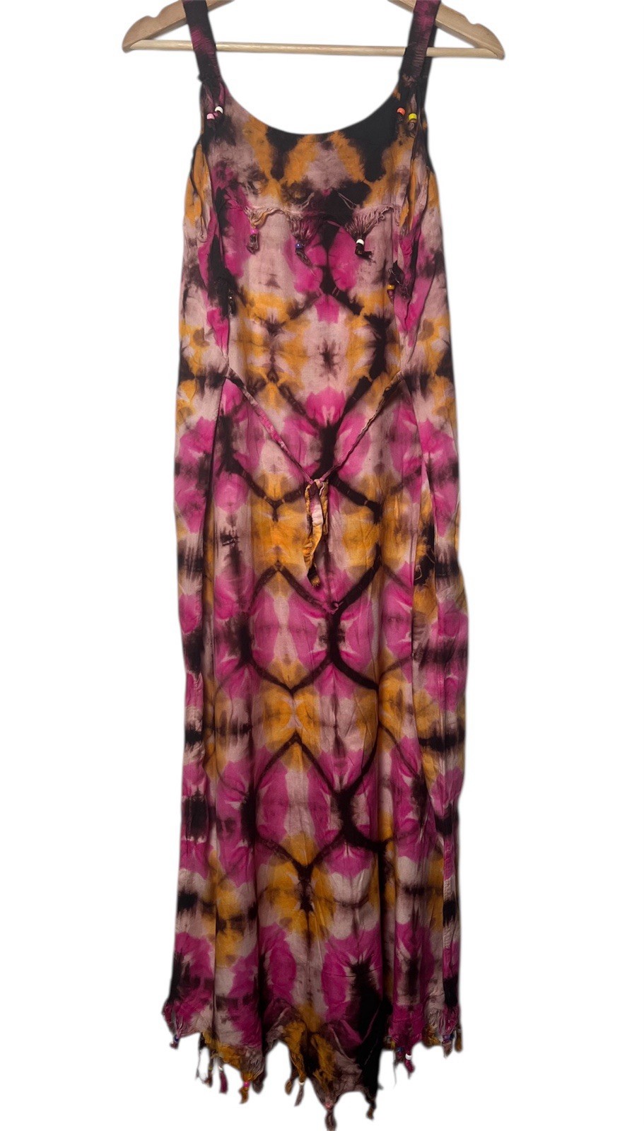 Tie Dye Maxi Dress Pink/Brown Shift Sleeveless Bead Detail Fringe Hippie Boho