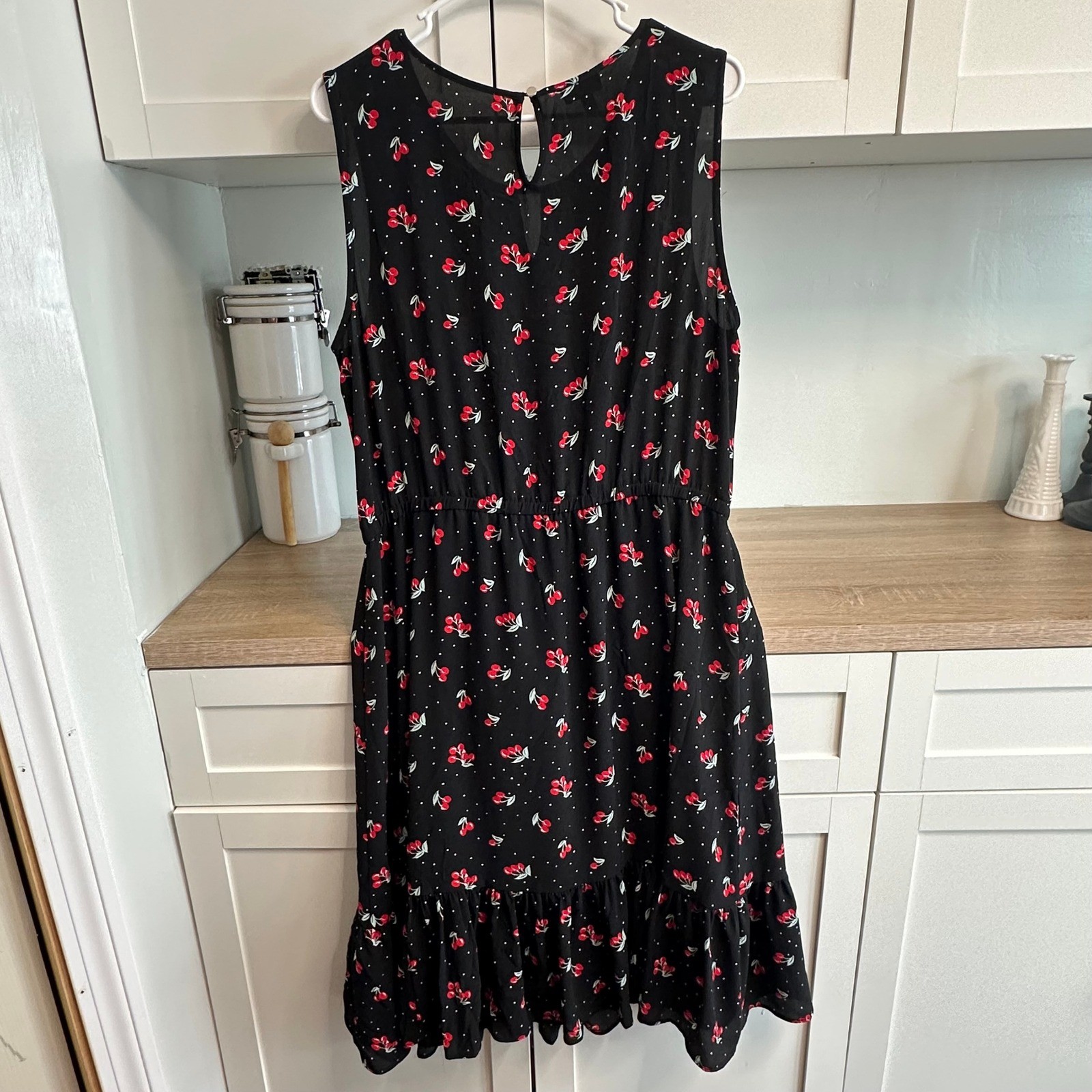 TALBOTS Cherry Print Fit & Flare Midi Dress Rockabilly Notch Neck Sz 16 Petite