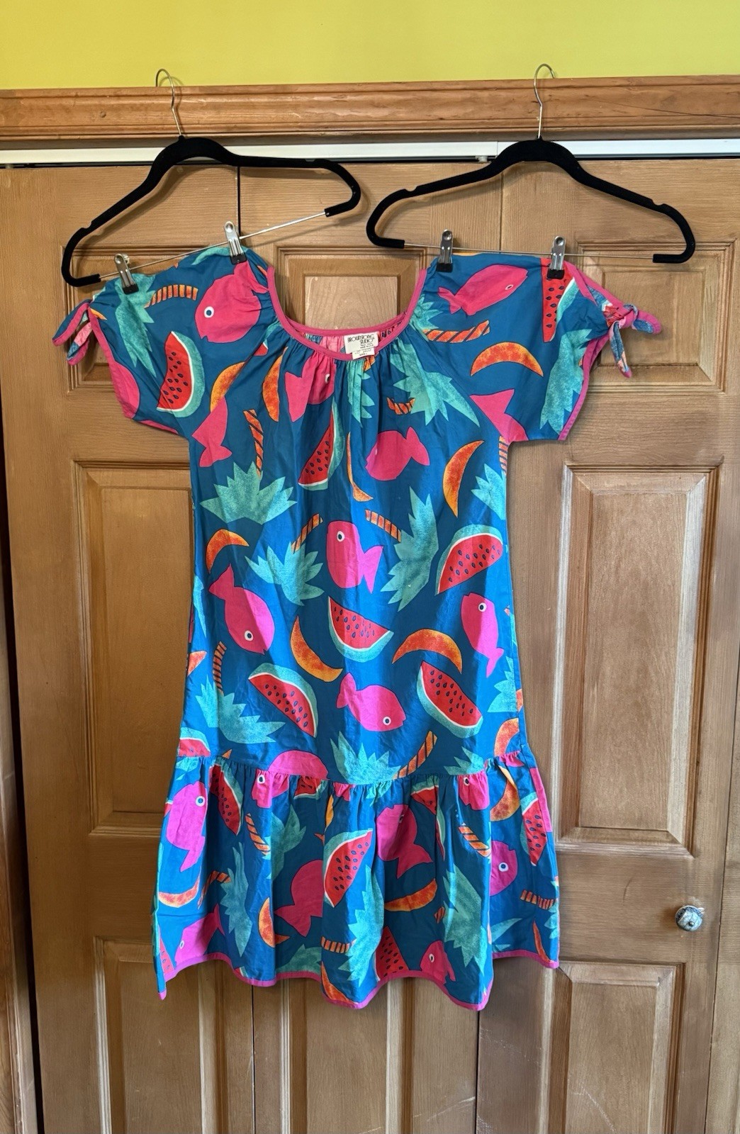 VTG Brownstone Studio Oversized House Dress Mumu Beach Cover Sz S Fish Ruffled