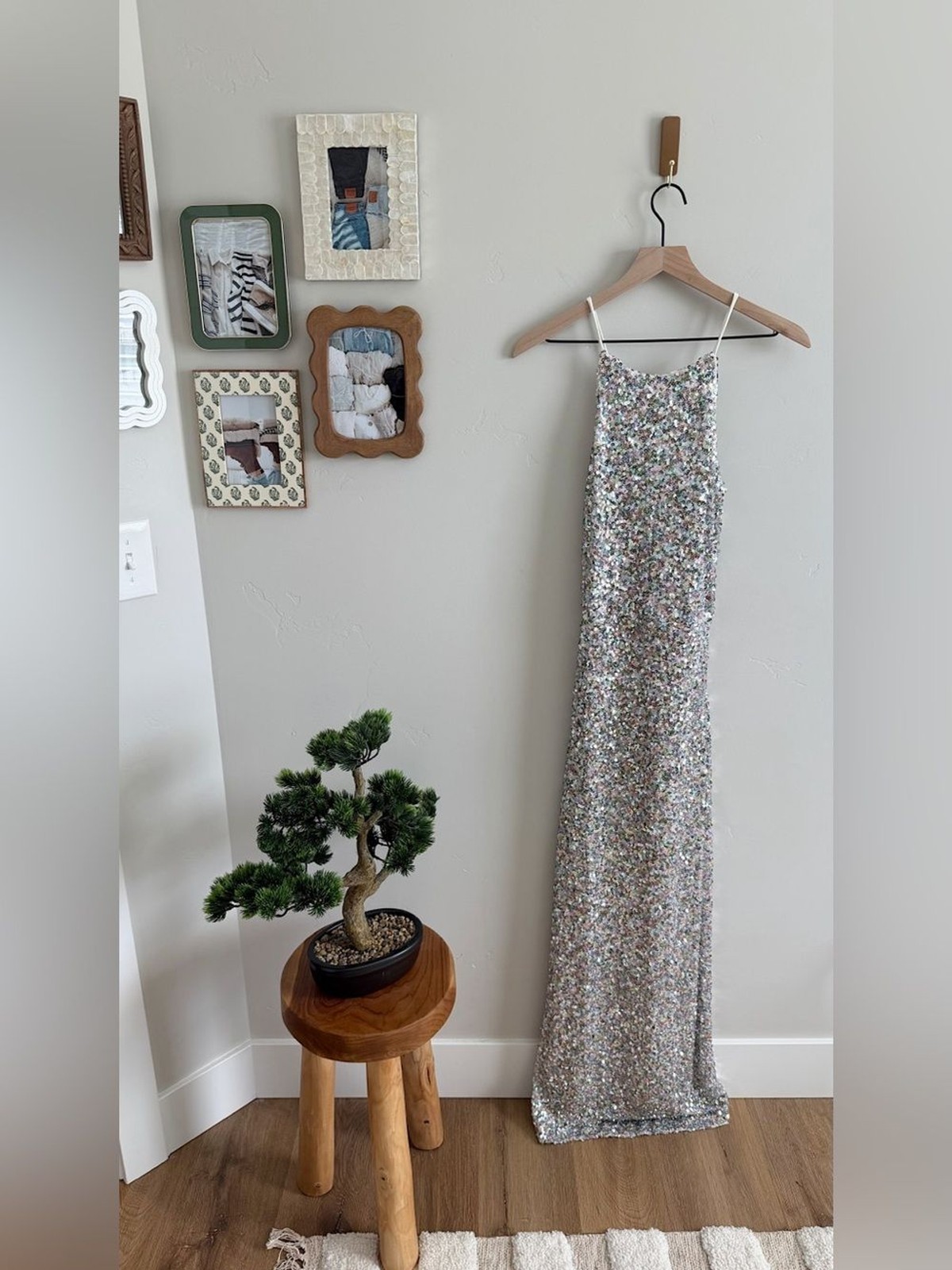 Showpo Halter Neck Cross Back Sequin Maxi Dress in Rainbow Silver