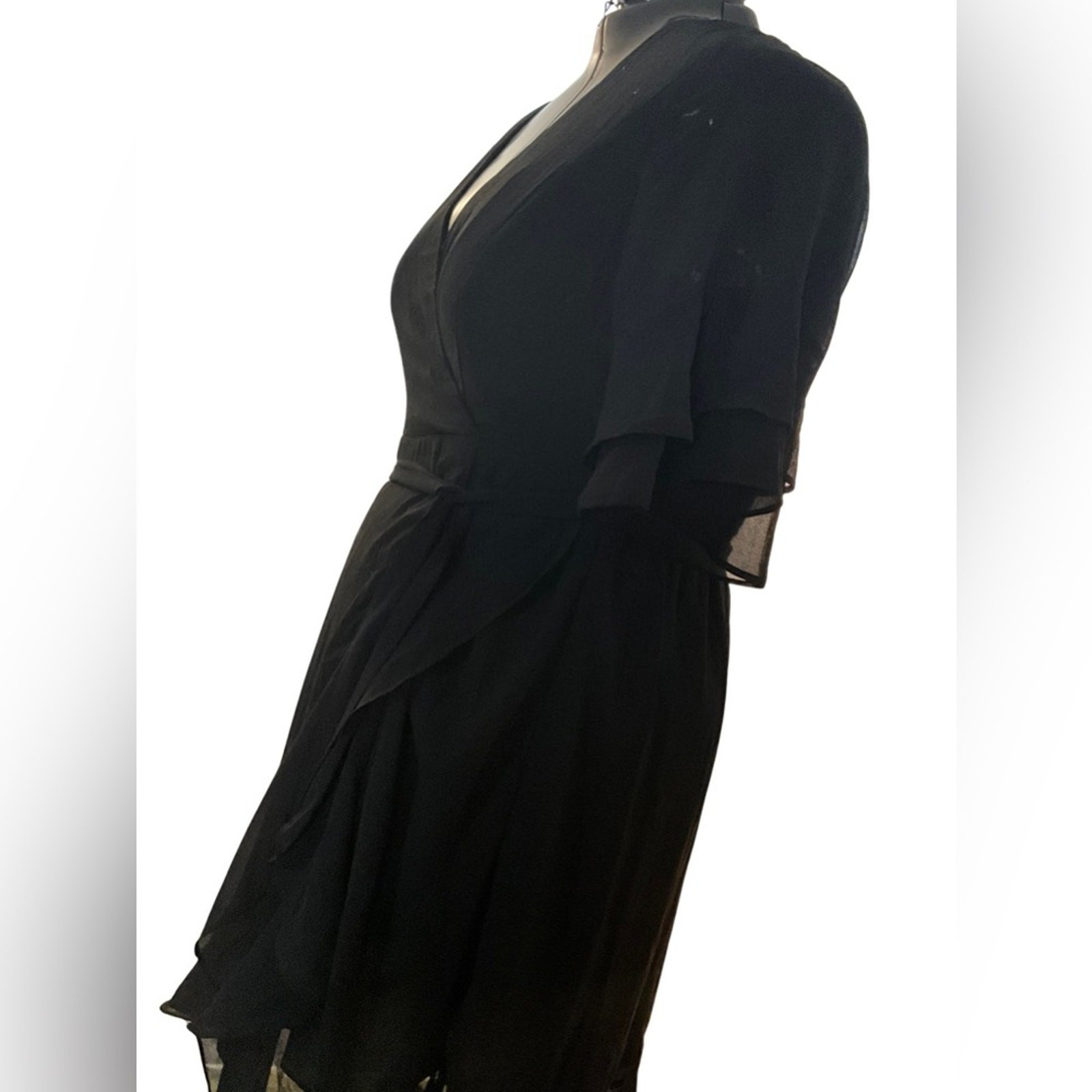 City Chic Wrap LBD Flutter Frill Chiffon Black Dress NWT M 18W Cocktail