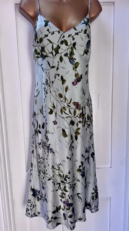Monsoon 100% Silk Vintage Floral Cami Midi Dress UK 14 Sage Green Wedding Guest