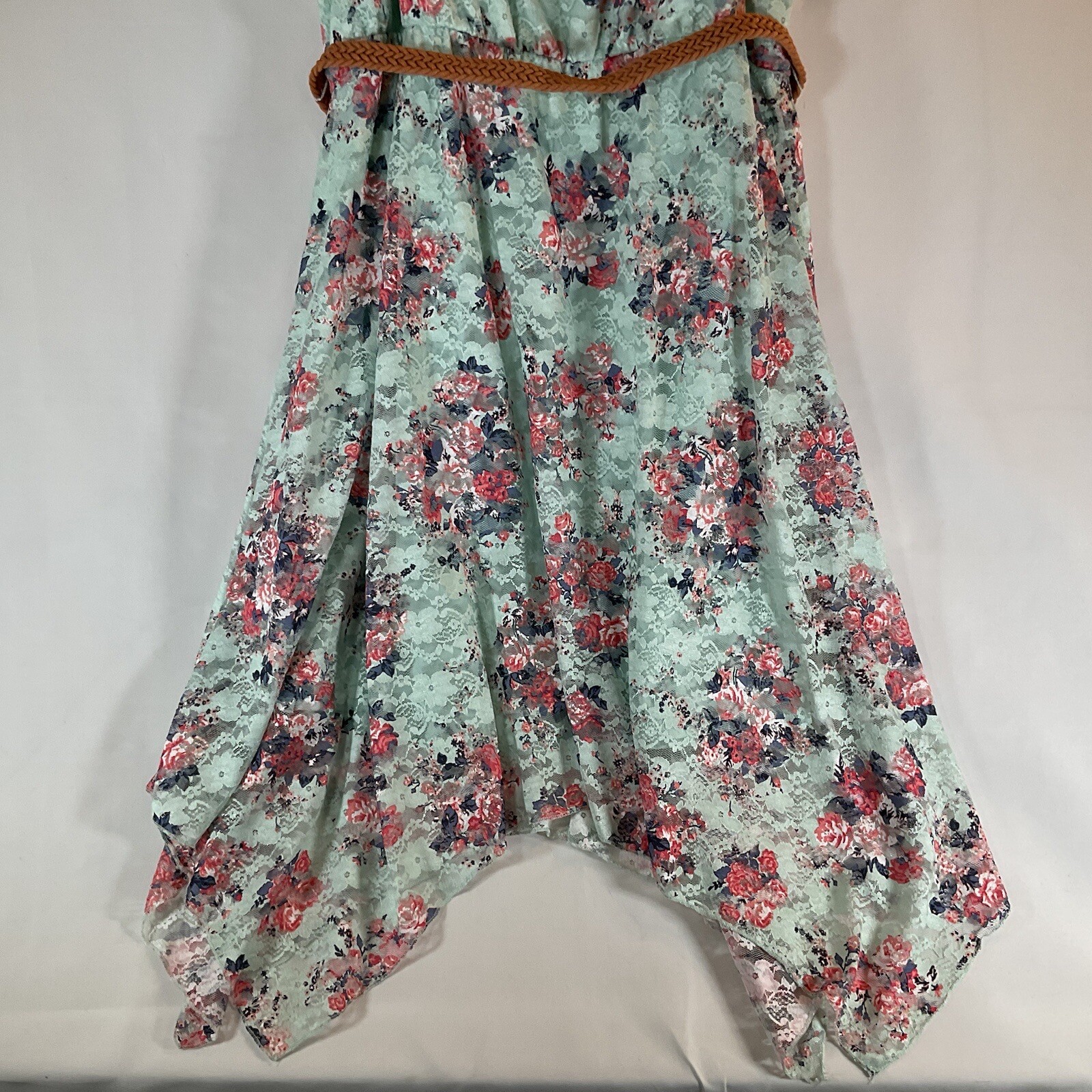 No Bounderies Aqua/Mint Blue Floral Lace dress with Belt, Junior size XXL