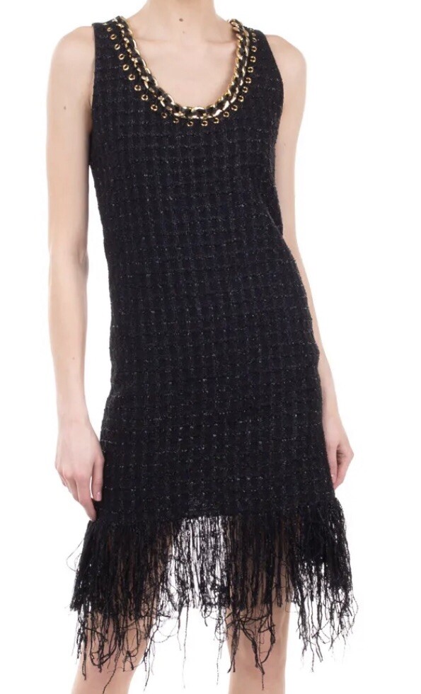 BALMAIN Tweed Fringe Shift Dress 38 M Linen-Blend Chain Trim Black RRP £2,650