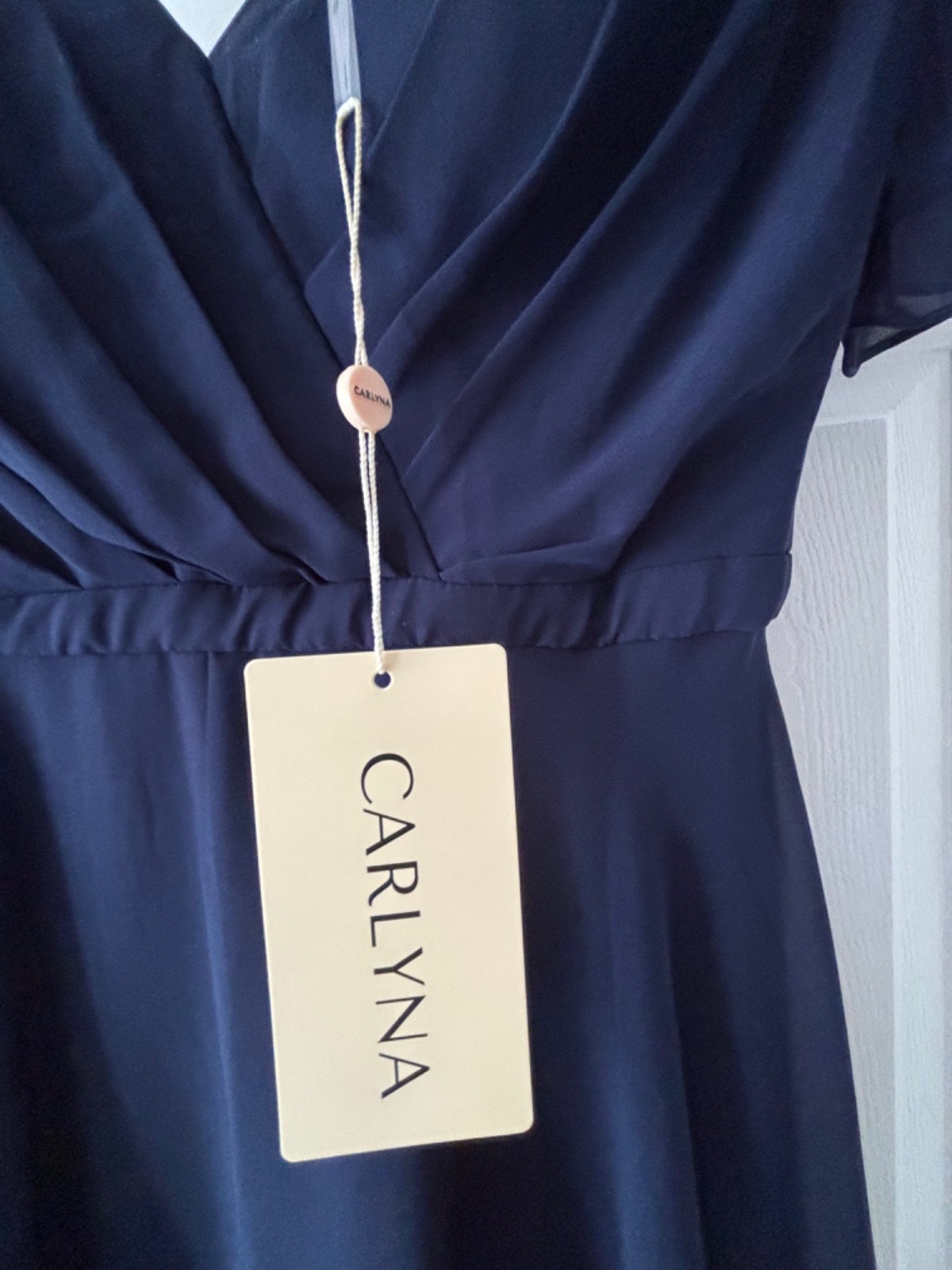 Navy bridesmaid/ballroom gown lined short sleeve size 14- new