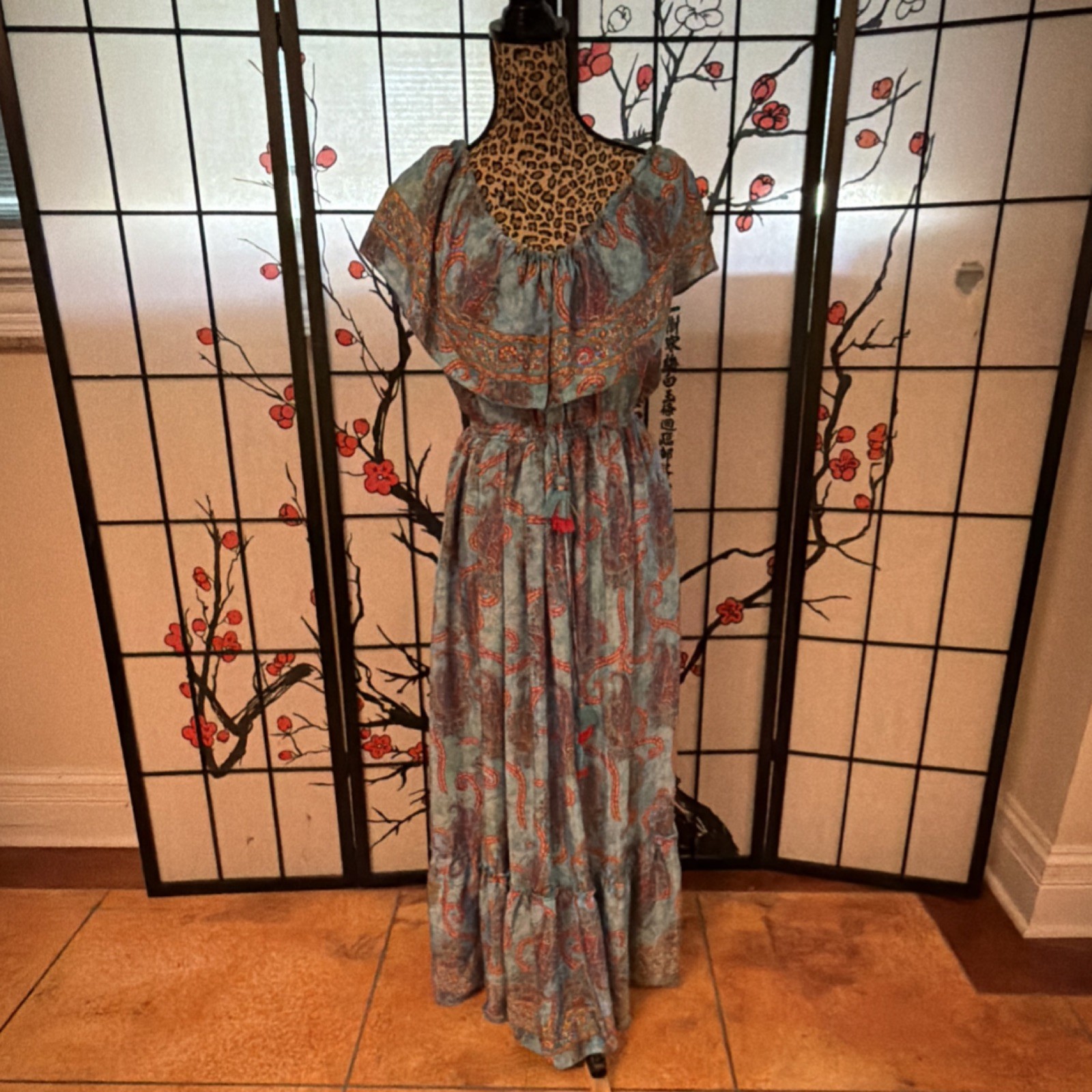 NWT Crème Bohème Silk Blend Maxi Dress Blue Paisley Off Shoulder Ruffle Bohemian