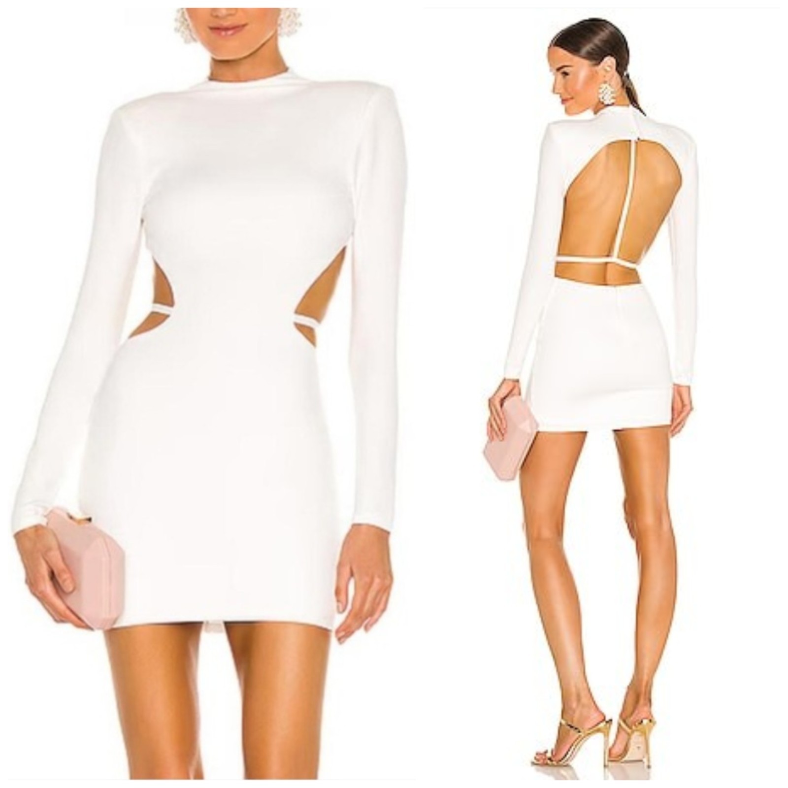 Revolve Michael Costello Zola Mini Dresz, Open Back, Long Sleeve, High Neck, L