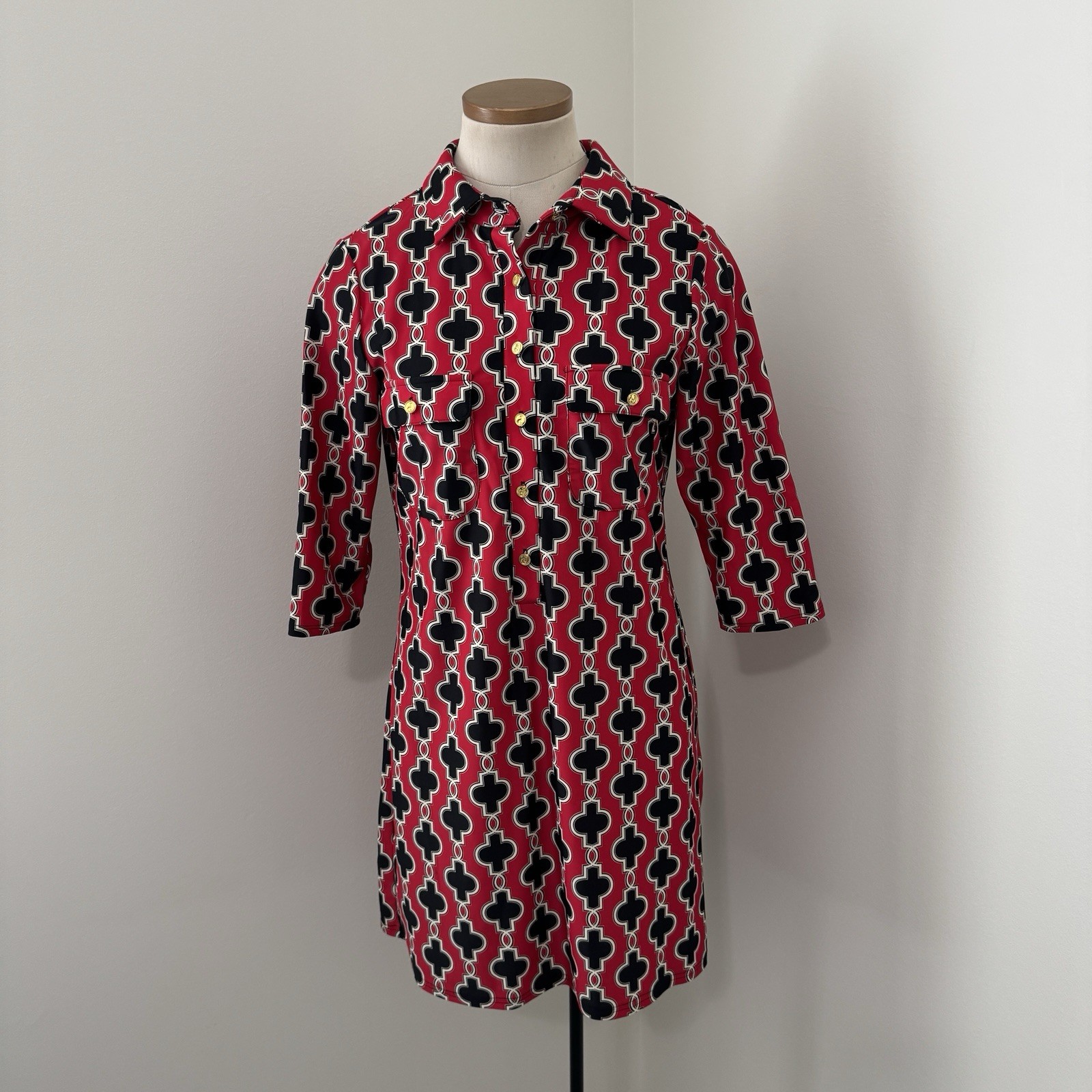 JUDE CONNALLY Small Red Geometric Shirt Dress Stretch Wrinkle Resistant USA