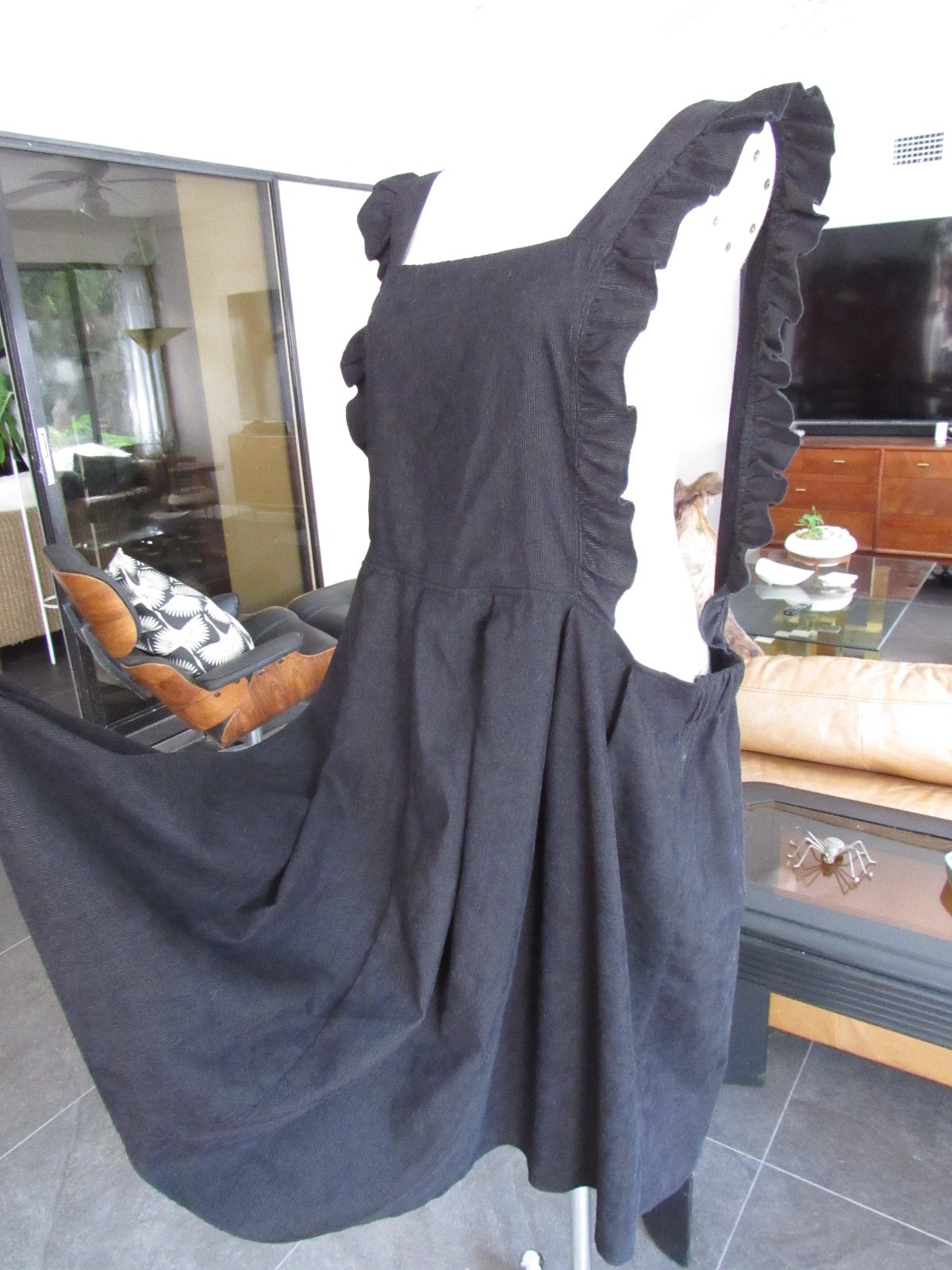 Vtg 70s 80s Lolita Coquette Cottagecore DRESS Black Pinafore Ruffle XL L overall