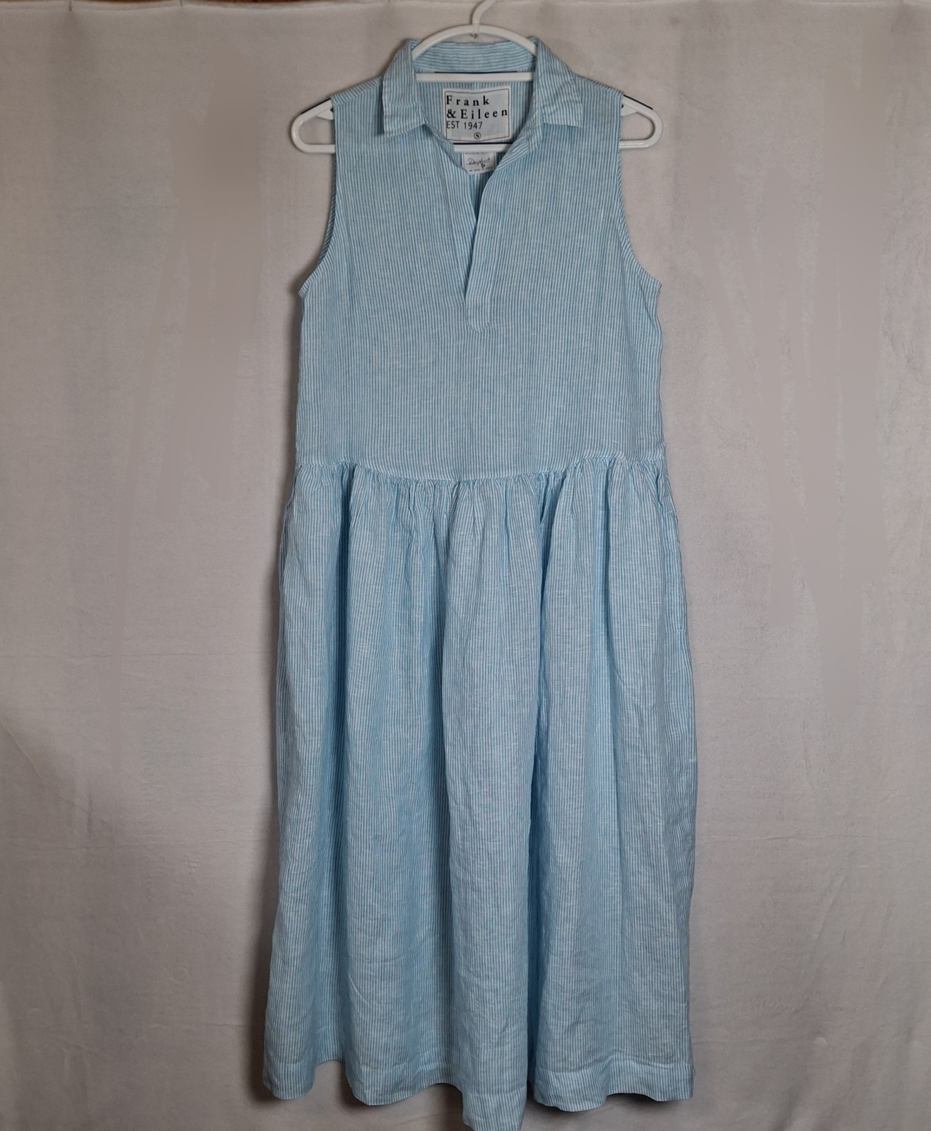 Frank & Eileen Daphne Linen Dress Small Blue White Stripe Maxi Pockets Coastal