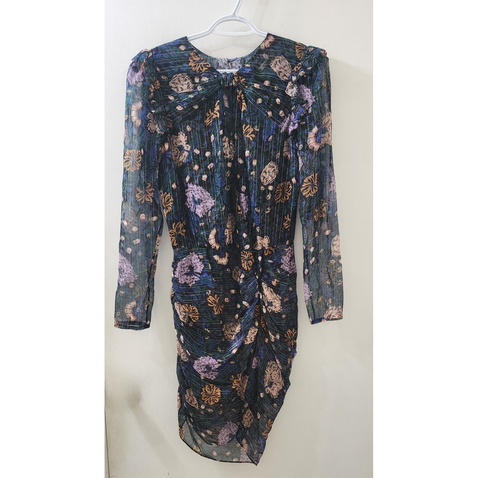 Veronica Beard Floral Ruched Metallic Pinstripe Mini Dress Long Sleeve