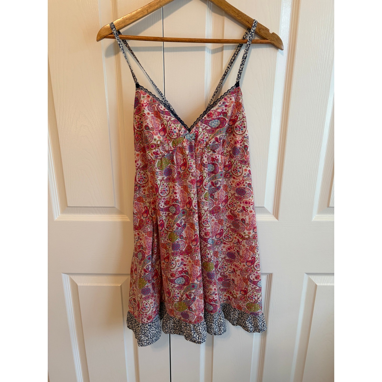 Boho Paisley Cotton Mini Dress Pink Floral Lace Trim Spaghetti Strap V-Neck