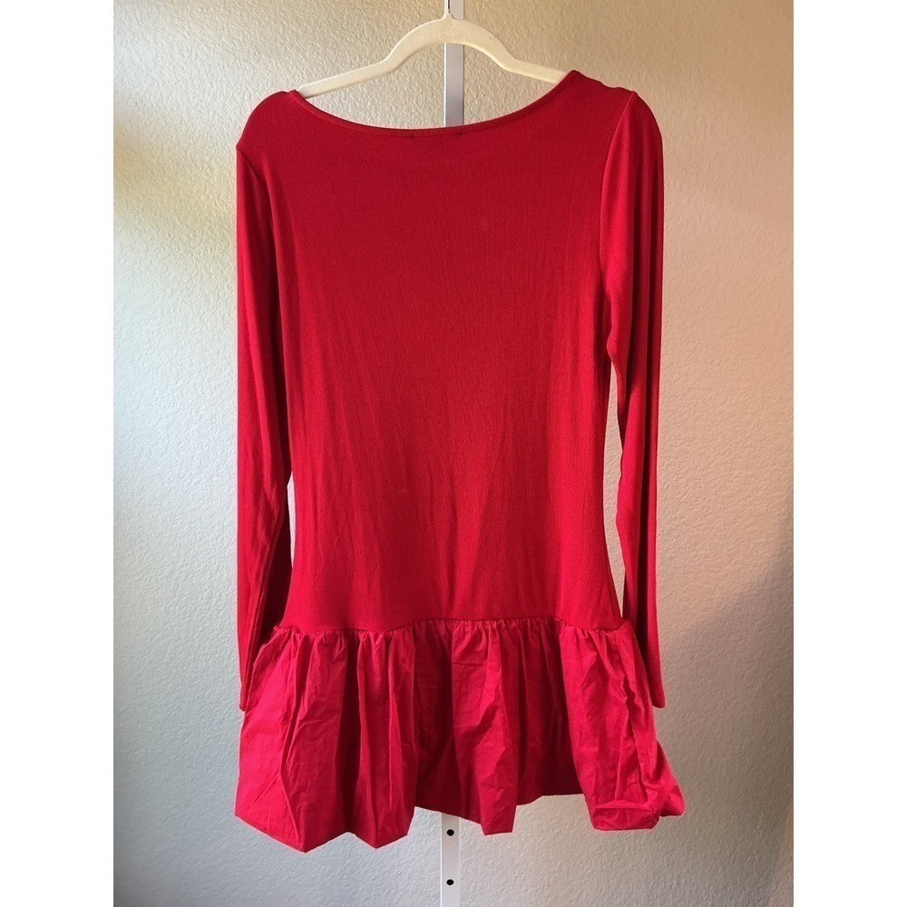 Lulus Red Long Sleeve Drop Waist Mini Dress Bubble Hem Ribbed Knit Large NWT
