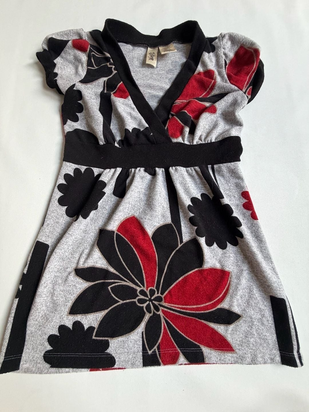 Gray Red Black Floral Empire Waist Mini Dress M