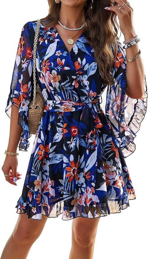 Women Mini Dress, Deep V-Neck Long Sleeve Waist Tie Ruffle Black Dress, Size S