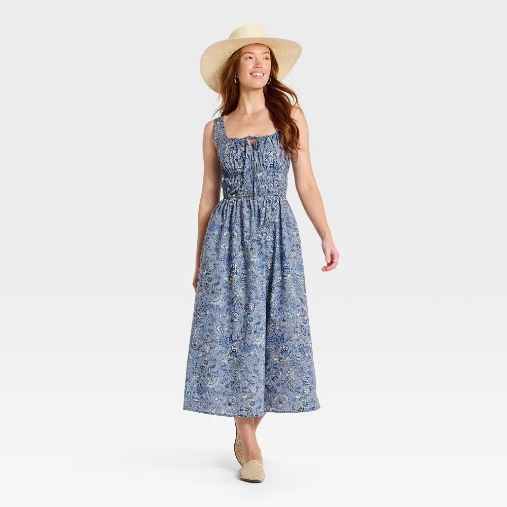 Women Cotton Midi Pullover Sundress – Universal Thread Blue Floral S