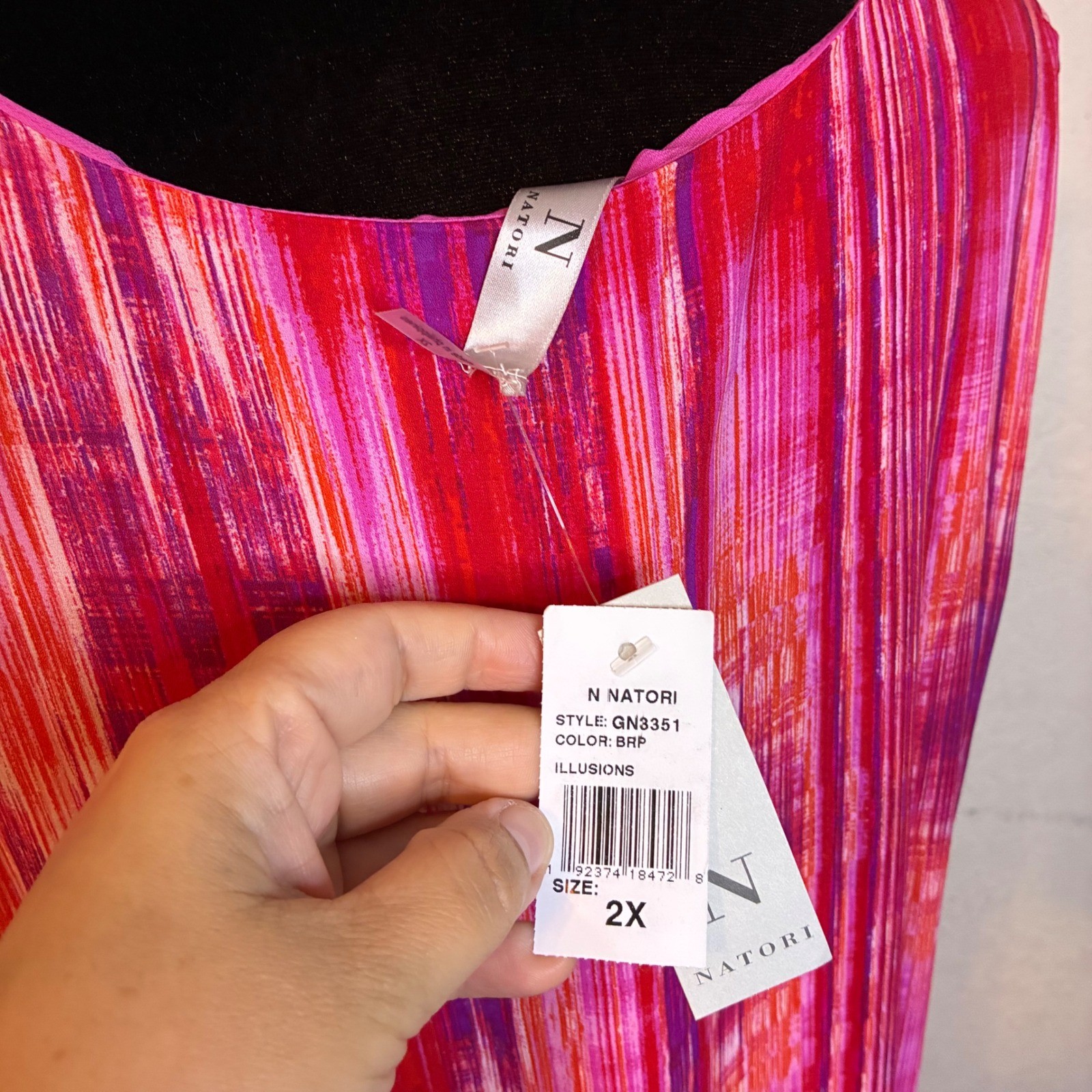 N Natori Illusions Abstract V-Neck Maxi Dress Pink Purple Red 2X GN3351 NEW