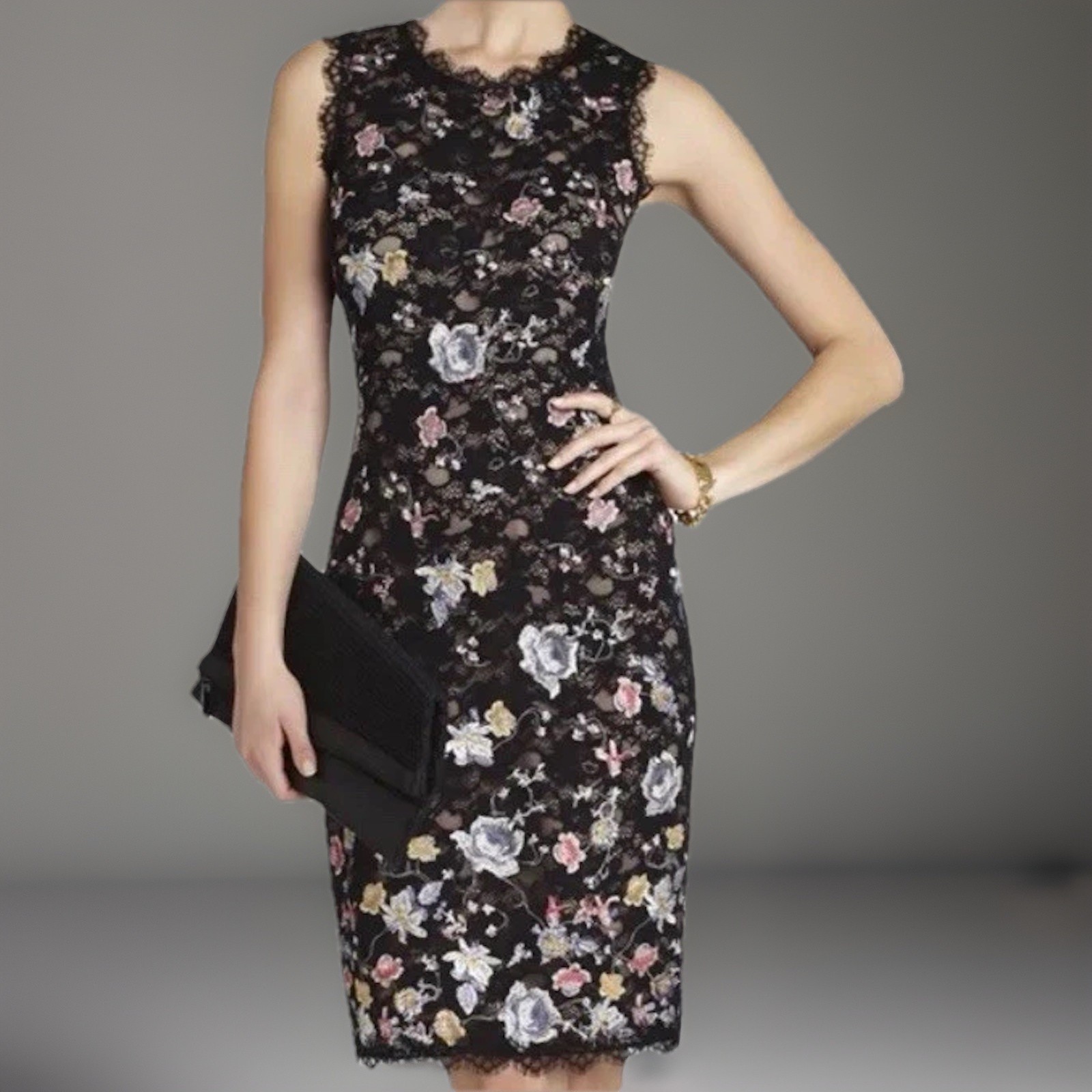 BCBGMaxazria Black Lace Bodycon Dress | Diame |Floral Embroidery | Dark Romance