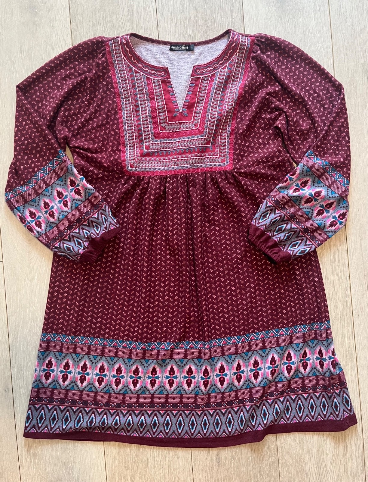 white mark womens pink red long balloon sleeve embroidered boho tunic dress l